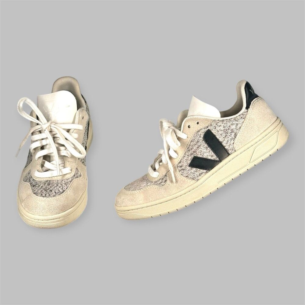 Veja Shoes V-10 Flannel Sneakers Snow Black White Women's Size US 7 EU 38 - Picture 1 of 14